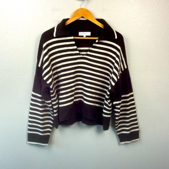 Madewell Cashmere Wool Sweater Brown Stripe Polo Collar Oversized S - Picture 4 of 8